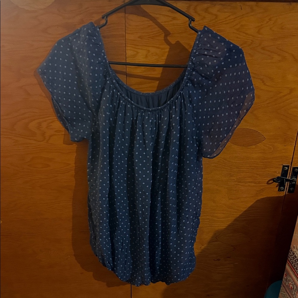 Navy Polka Dot Short Sleeve Peasant Blouse